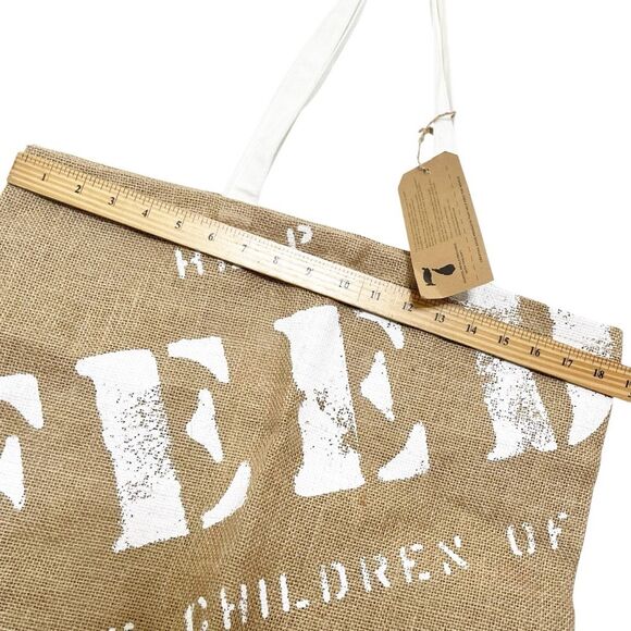 FEED Projects Burlap Tote Bag Natural White Handles Large Reusable Shopping - Picture 8 of 10